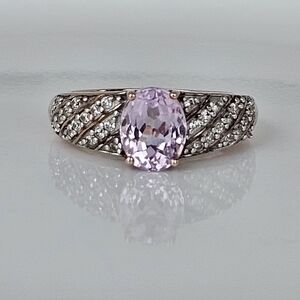 Natural Pink Kunzite & Diamond Ring 18k Rose Gold Sterling Silver Size 7.5